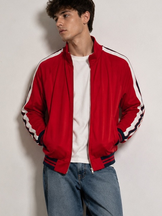 Forever 21 Other - Forever 21 Red Track Bomber Jacket with White & Navy Stripes